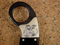 Monogram "PWF" hand engraved on nickel silver bolsters on tactical knife with ebony hardwood
