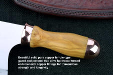 Solid copper guard and pommel fittings, ferrule type on this fine handmade chef's cleaver