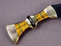 Hand-engraved brass bolsters with golden Tiger Eye Quartz gemstone and inlaid Australian Tiger Iron Gemstone on knife handle