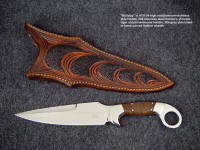 "Bulldog" tactical knife in ATS-34 high molybdenum stainless steel blade, 304 stainless steel bolsters, Ziricote exotic hardwood handle, stingray skin inlaid in hand-carved leather sheath