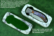 "Starling" granite with garnets and hornblende stone sarcophagus case with cabochons of Rio Grande Agate gemstone and stainless steel pins, polyester felt lining