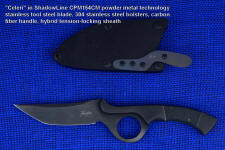 "Celeri" Tactical Combat/Counterterrorism Knife, obverse side view in shadow line CPM154CM cryogenically treated powder metal technology high molybdenum stainless steel blade, 304 stainless steel bolsters, carbon fiber handle, hybrid tension-locking sheath in kydex, anodized aluminum, stainless steel, and titanium