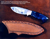 "Chama" etched knife with gemstone handle, sheath has embroidered lizard skin overlay on laced leather shoulder