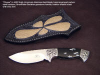 Fine handmade custom knife: "Chama" in 440C blade, carbon steel engraved bolsters, Snowflake Obsidian gemstone handle, Emu skin inlaid sheath