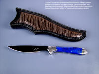 "Clarau" fine investment collector's knife in blued, mirror finished O-1 steel, hand-engraved stainless steel boslters, Afghanistan lapis lazuli gemstone handle, lizard skin inlaid leather sheath