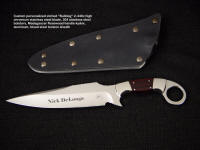 Personalized, etched high chromium mirror finished stainless steel blade of "Bulldog" CQC combat knife with madegasscar rosewood handle and kydex sheath