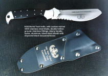 EOD Bomb Tech knife, etched mirror finished blade commemorative, engraved black lacquered brass flashplate on sheath