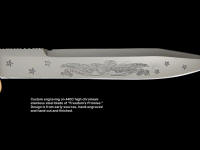 Engraving detail on "Freedom's Promise" knife. Customization of high detail hand-engraving on hardened and tempered knife blade