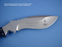 Graphic Text and graphic etched on mirror finished tactical knife, personalilzed and dedicated knife