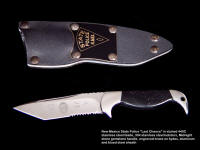 New Mexico State Police Commemorative "Last Chance" with etched stainless steel blade, engraved black lacquered brass flashplate on sheath