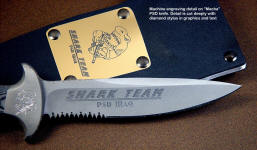 Custom Machine engraving on blade of PSD knife "Macha". Engraving is detailed, custom, and permanent in the blade