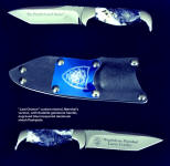 Marshal's commemorative, personalized "Last Chance" knife in etched stainless steel blade, engraved blue lacquered aluminum sheath flashplate