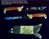 USAF Pararescue commemorative is nickel plated images over nitrate blued steel blade, with green gold electroform 