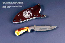 Paraescue "Creature" knife with etched stainless steel blade and engraved co-extruded acrylic sheath front