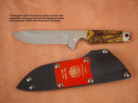 Custom, commemorative USAF Pararescue "Paraeagle" in etched and mirror finished blade, engraved maroon lacquered brass sheath flashplate