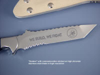 "Seabee" commemorative, working knife with etched graphics and text on stainless steel knife blade