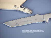 Graphics, graphical text etched on custom handmade knife blade of "Seabee" professional knife