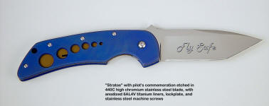 Personalized, etched folding knife blade for pilot's "Stratos" 