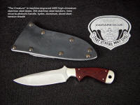 USAF Pararescue "Creature" CSAR tactical knife, obverse side view in bead blasted 440C stainless steel blade, 304 stainless bolsters, burgundy linen micarta phenolic handle, tension kydex, aluminum, blued steel sheath
