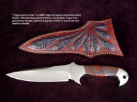 "Cygnus-Horrocks" custom handmade knife, obverse side view in 440C high chromium stainless steel blade, 304 stainless steel bolsters, Australian Tiger Iron gemstone handle, Ostrich leg skin inlaid in hand-carved leather shoulder