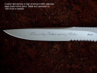 Custom personal high resolution blade etching in text on stainless steel knife blade