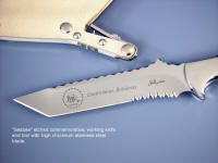 High detail, deep acid etching in stainless steel blade, mirror polished, hollow ground.