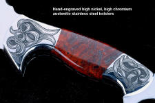 "Bulldog" obverse side engraving detail in 440C high chromium stainless steel blade, hand-engraved 304 stainless steel bolsters, Fossilized Stromatolite Algae gemstone handle, hand-carved leather sheath inlaid with burgundy ostrich leg skin