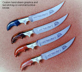 Older, Early works, Desert Storm commemorative knives with high resolution custom etching,  numbered edition knives with logos and text