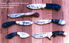 Older, early group of graphically etched knives with natural, animal, plant and classic themes