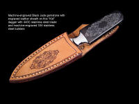"The Kid" dagger in  440C high chromium stainless steel blade, machine engraved 304 stainless steel bolsters, Black Petrified Palm wood gemstone  handle, and sheath, all matching in design motif