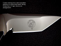 Personalized custom graphic etching embellishment on fine handmade knife blade