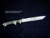 Custom latin text etching on satin finished D2 steel knife blade hollow ground, combat and tactical 