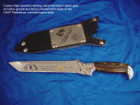 Etching and electroforming in green gold on hollow ground mirror polished knife blade of Pararescue commemorative