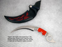 "Raptor" Kerambit in 440C high chromium stainless steel blade, hand-engraved 304 stainless steel bolsters, Red River Jasper gemstone handle, Red Stingray skin inlaid in hand-carved leather sheath