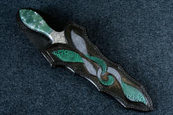"Achelous" sheathed view. Sheath is a high back design to protect knife and wearer, with complex multi-colored inlay of frog skin