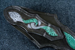 "Achelous" belt loop exotic frog skin inlay detail. Twisted leaf pattern runs throughout artwork