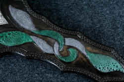 "Achelous" sheath front inlay detail. Frog skin in green and gray matches gemstone and bolster steel colors and patterns