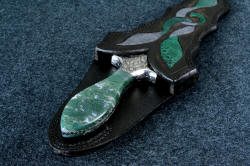 "Achelous" sheath mouth and handle detail. Sheath is wide and solid, befitting this beautiful large dagger.