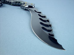 "Aegir" blade point detial. Finely hollow ground and mirror polished hot blued high alloy tool steel blade