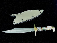 "Alamo" Bowie Knife, commemorative, in etched 440C high chromium stainless steel blade, hand-engraved brass fittings, quartz with pyrite gemstone, ebony, brass, red fiber spacer handle, locking kydex, aluminum, stainless steel sheath