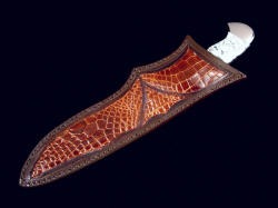 "Aldebaran" sheathed view. Sheath is deep and thick, protecting wearer while offering great style in real Alligator skin inlays