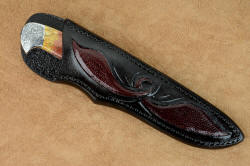 "Aldebaran" sheathed view. Sheath is deep and protective, made of 9-10 oz. leather shoulder, hand-cared and inlaid with ostrich skin
