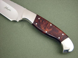 "Alegre EL" obverse side handle detail. Honduran Rosewood Burl exotic hardwood handle is bedded in stainless dovetailed bolsters, secured with 6 stainless steel pins through the knife tang