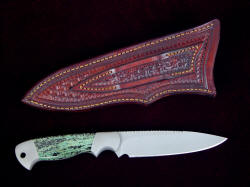 "Altair" reverse side view. Sheath back is completely tooled and finished, stitched with tough polyester sinew, lacquered and sealed