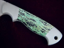 "Altair" obverse side gemstone handle detail. Green Zebra jasper is very tough, hard, and durable, with a great character and feel