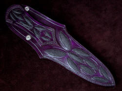 "Amethystine" dagger, custom sheath back. Even double row stitched belt loop has multiple symmetrical inlays of rayskin in hand-carved leather shoulder. 