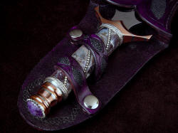 "Amethystine" dagger, custom sheath retainer detail. Straps are inlaid with 9 pieces of black rayskin, secured with nickel plated steel snaps