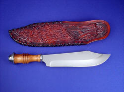"Andrimne" master chef's knife, reverse side view. Note textured tooling on sheath back and belt loop, double row stitching