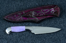"Andromeda" reverse side view in deep cryogenically treated CPM 154CM powder metal technology high molybdenum stainless steel blade, 304 stainless steel bolsters, Purple Turkish Jade gemstone handle, hand-carved, hand-dyed leather sheath