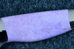 "Andromeda" reverse side view, 5.7 power magnification gemstone handle detail  in T3 deep cryogenically treated CPM 154CM powder metal technology high molybdenum stainless steel blade, 304 stainless steel bolsters, Purple Turkish Jade gemstone handle, hand-carved, hand-dyed leather sheath